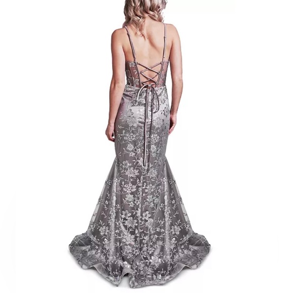 Dear Moon All Over Silver Glitter Mesh Gown - Picture 2 of 5